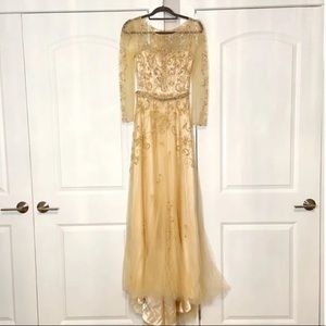 Gold Embellished Long Sleeve Evening Gown